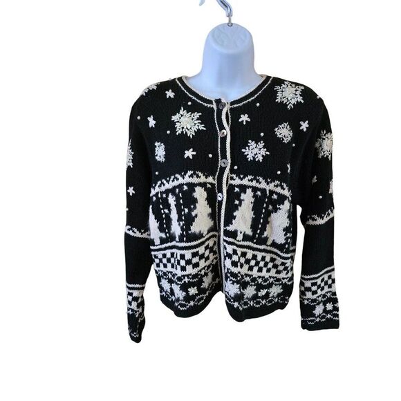 Black & White Snowflake Pattern Cardigan Sweater With Christmas Trees cozy warm - Picture 4 of 12